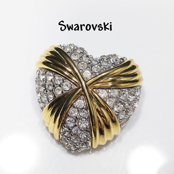 Vintage Swarovski Heart Brooch, Clear Pave Rhinestones, Gold Ribbon Accent - Picture 1 of 10